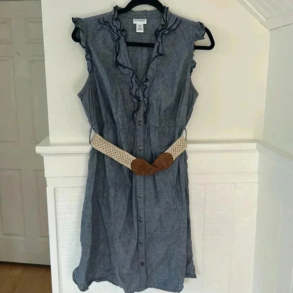 Motherhood Maternity Chambray Ruffle Dress with Tan & Brown Belt, size Medium - Picture 1 of 8